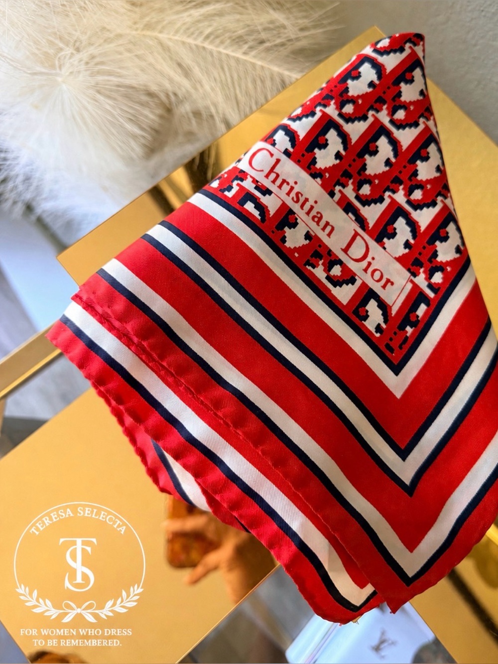 Vintage Christian Dior Silk Scarf Red Navy White Geometric Logo 26” Square